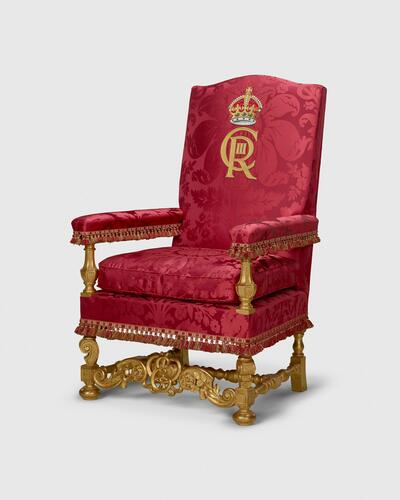 Master: Pair of Chairs of Estate, used by Queen Elizabeth II and Prince Philip, and by King Charles III and Queen Camilla
Item: Chair of Estate, used by Queen Elizabeth II and King Charles III Master: Pair of Chairs of Estate, used by Queen Elizabeth II and Prince Philip, and by King Charles III and Queen Camilla
Item: Chair of Estate, used by Queen Elizabeth II and King Charles III