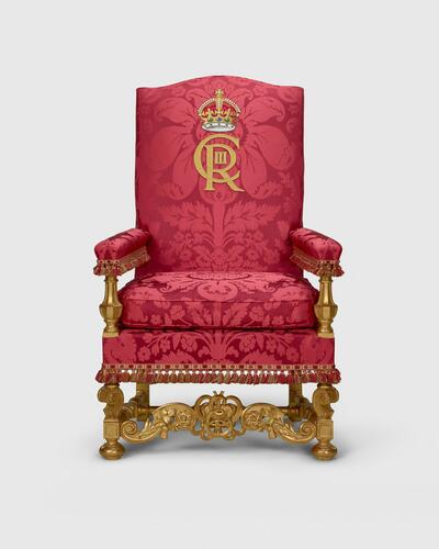 Master: Pair of Chairs of Estate, used by Queen Elizabeth II and Prince Philip, and by King Charles III and Queen Camilla
Item: Chair of Estate, used by Queen Elizabeth II and King Charles III Master: Pair of Chairs of Estate, used by Queen Elizabeth II and Prince Philip, and by King Charles III and Queen Camilla
Item: Chair of Estate, used by Queen Elizabeth II and King Charles III