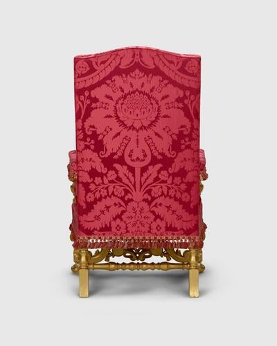 Master: Pair of Chairs of Estate, used by Queen Elizabeth II and Prince Philip, and by King Charles III and Queen Camilla
Item: Chair of Estate used by Prince Philip, Duke of Edinburgh and Queen Camilla Master: Pair of Chairs of Estate, used by Queen Elizabeth II and Prince Philip, and by King Charles III and Queen Camilla
Item: Chair of Estate used by Prince Philip, Duke of Edinburgh and Queen Camilla