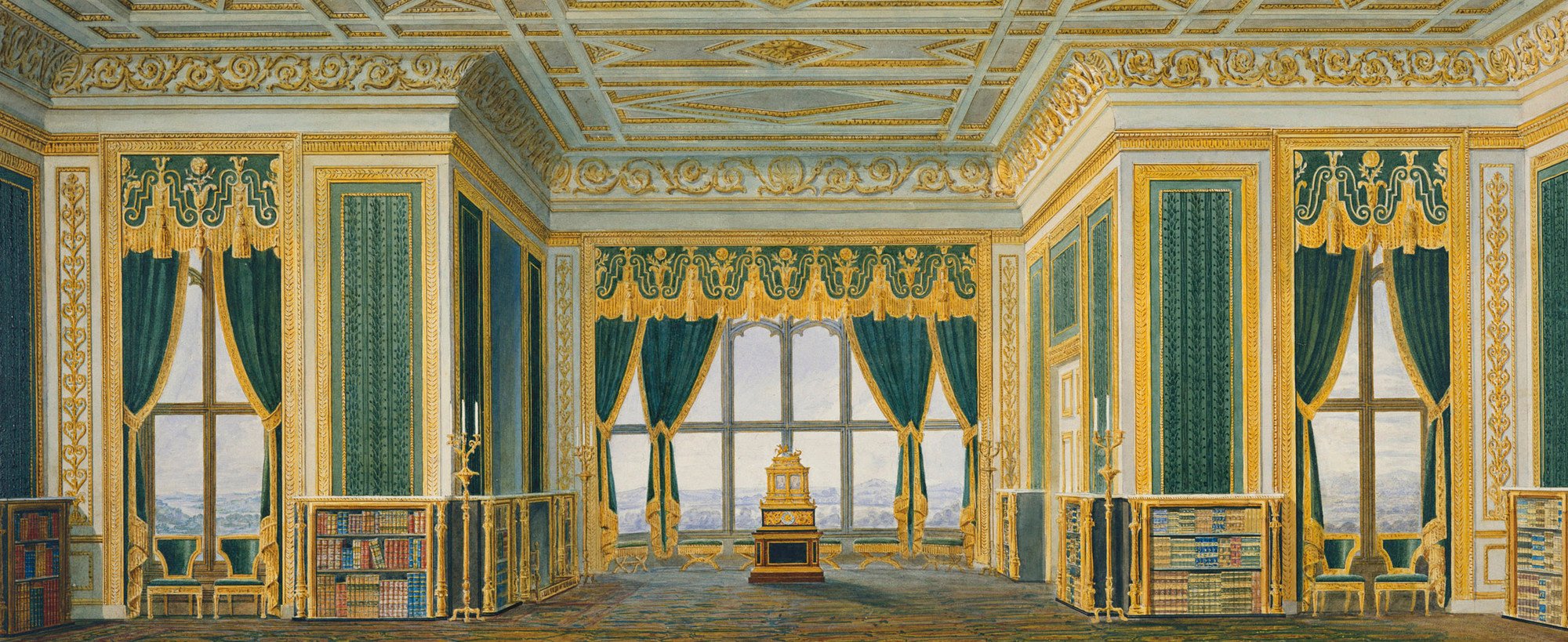Design for the east elevation of the Library, Room 196 (the Green Drawing Room), Windsor Castle, c.1826 The furniture-makers Nicholas Morel and George Seddon went into partnership in 1826 to decorate George IV’s new Private Apartments in Windsor Castle. The firm produced a series of designs showing the principal elevations of each room, with the intended