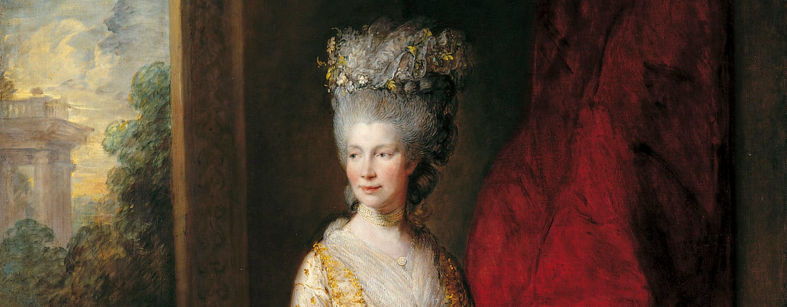 Portrait of Queen Charlotte by Thomas Gainsborough (RCIN 401407) Queen Charlotte wearing a gold tasseled silk dress.