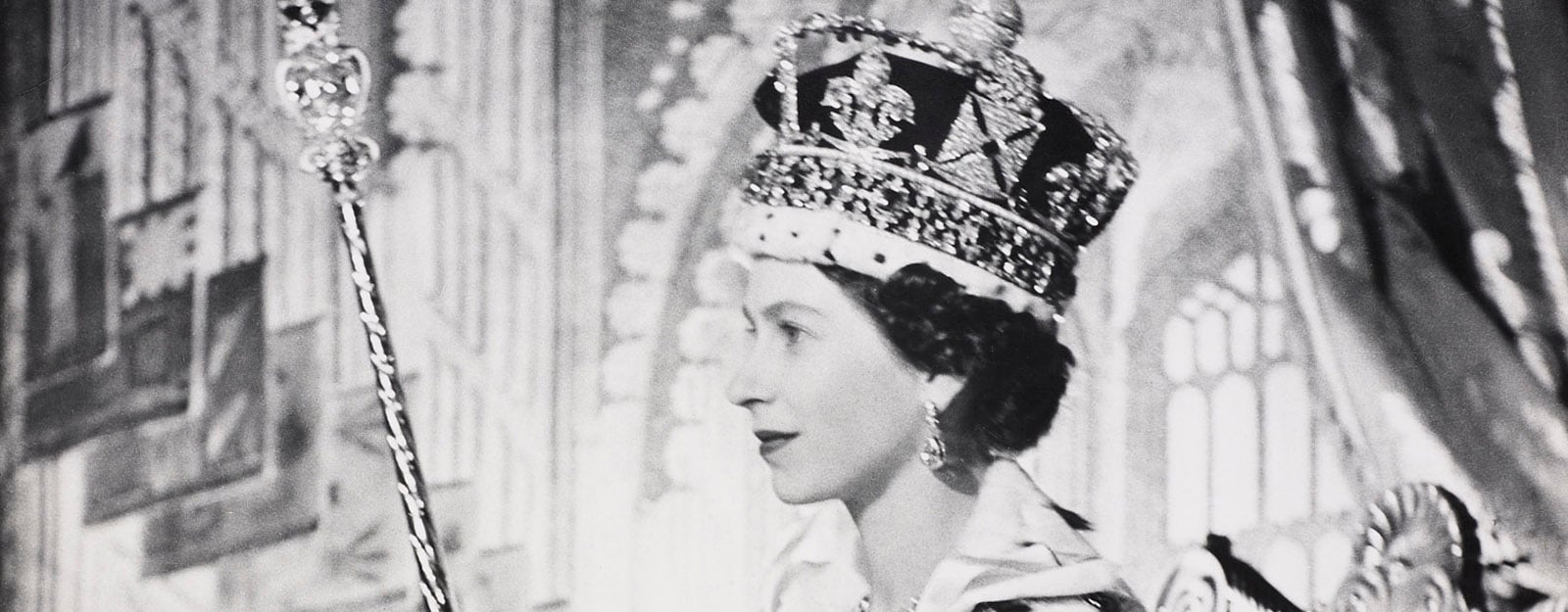 Coronation Portrait of Queen Elizabeth II (RCIN 2999885) Photograph of Queen Elizabeth II wearing coronation robes and holding Coronation Regalia.