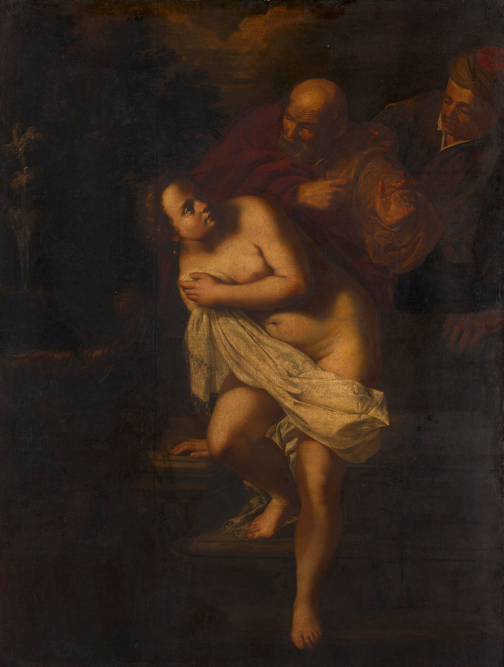 <i>Susanna and the Elders</i> painting by Artemisia Gentileschi (RCIN 402702). A painting of a woman partially covering her naked body. Two men stand next to her looking at her.